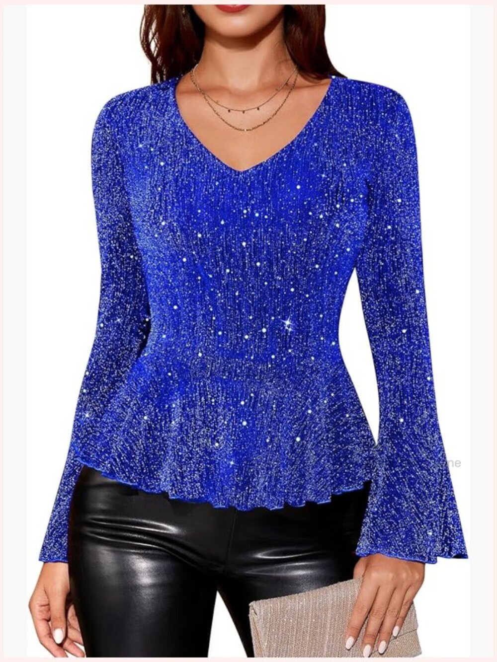 Women's Long Sleeve V-Neck Sequin Blouse Ruffle Hem Glitter Party Top